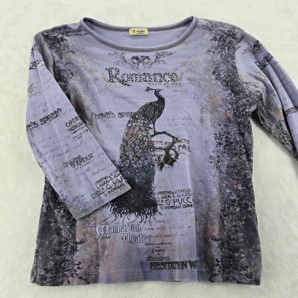 Cactus‎ Graphic Shirt Womens Medium T-Shirt Purple Peacock Romance Rhinestone